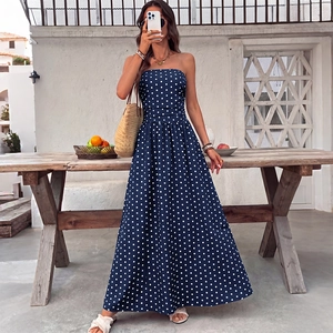 Élégante Robe Maxi Vintage À Pois Bustier Pour Femmes Sans Manches Taille Haute Plissée Ligne A Robe Longue De Vacances