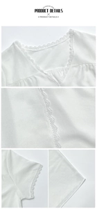 Detailed close-up of white lace V-neck trim and textured polka dot fabric on a blouse