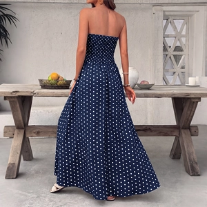Robe longue bustier bleu marine à pois blancs avec corsage smocké et taille haute