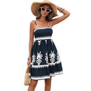 Navy smocked camisole dress with white wave trim and vacation style print for women