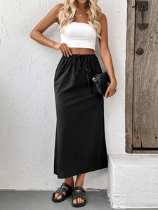 Detailed texture of black cotton linen long skirt with elastic drawstring waist design