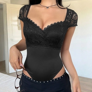 Body Donna Sexy in Pizzo Nero con Cuciture Floreali Scollo a V Manica Corta Slim Fit Alta Elasticità Tuta Estate Moda Top
