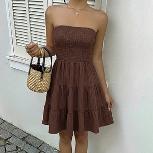 Women Sexy Strapless Smocked Tube Mini Dress Summer Tiered Ruffle Brown Vacation Beach A-Line Sundress For Ladies