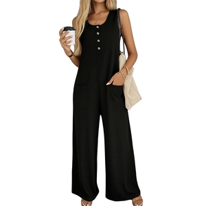 Sleeveless wide-leg high-waist jumpsuit with U-neck and large pockets in black