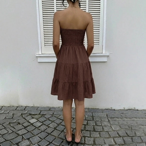 Brown strapless tiered summer dress with smocking back detail and pleated fabric