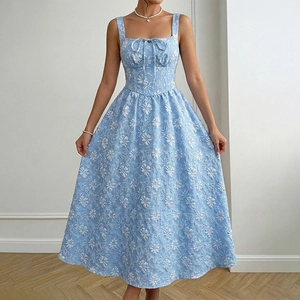 Women's Elegant Floral Jacquard Midi Dress Square Neck Sleeveless Backless Smocked Back Bow Tie Summer Vacation A-Line Dress