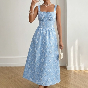 Elegant light blue jacquard midi dress with floral texture and backless design for women
