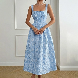 Light blue midi summer dress with white floral jacquard pattern and square neckline