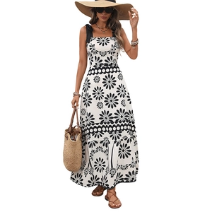 Vintage boho floral sun print sundress with bow shoulder straps and high waist