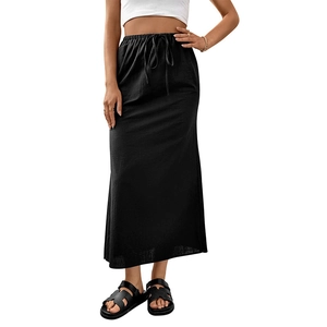 Summer casual black maxi skirt with elastic drawstring waist and elegant drape
