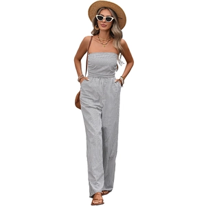 Women's striped strapless jumpsuit with wide leg pants for summer vacation style