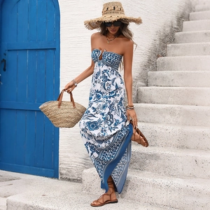 Robe Longue Bustier Bohème pour Femmes Imprimé Floral Bleu Robe d'été de Plage Vacances Robe à Volants Haut Tube Coupe Trapèze