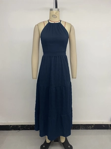 Detailed view of the dark blue halter neck tiered maxi dress with layered ruffle texture