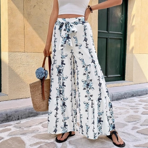 Bohemian Floral Wide Leg Pants For Women High Waist Tie Belt Summer Casual Holiday Tiered Palazzo Trousers Boho Style
