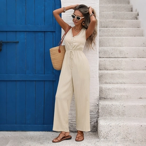 Sleeveless V-neck textured jumpsuit for women with drawstring waist and wide legs