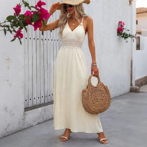 Elegant off-white V-neck halter maxi dress with hollow lace patchwork and A-line skirt