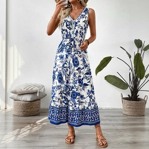 Bohemian floral sleeveless maxi dress with V-neck and drawstring waist for summer vacations