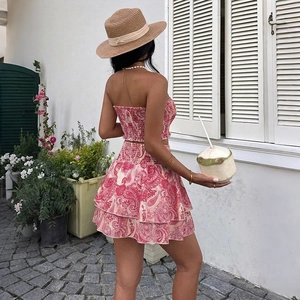 Ensemble d'été rose à imprimé cachemire avec haut bandeau dos nu et mini-jupe à volants