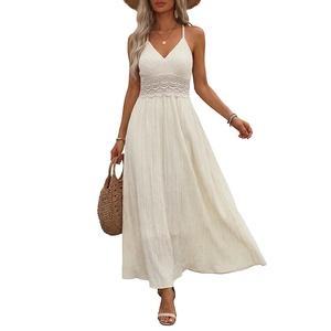 White bohemian V-neck halter maxi dress with lace hollow waist for summer vacation