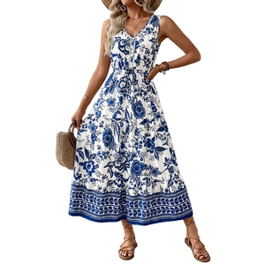 Elegant V-neck sleeveless maxi dress with blue floral print and drawstring waist