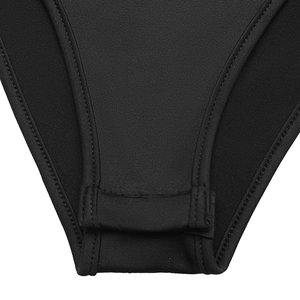Detail of the snap-button closure on black stretch knit sleeveless bodysuit