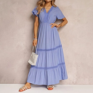 Elegant lilac V-neck maxi dress with hollow lace details and tiered ruffle sleeves