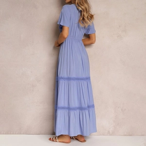 Elegant V-neck light blue tiered maxi dress with ruffle sleeves and lace details