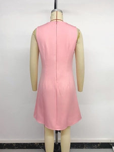 Rear view of a slim-fit sleeveless pink mini dress featuring a concealed back zipper