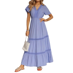 Elegant lavender V-neck maxi dress with lace lace trim and layered ruffle sleeves