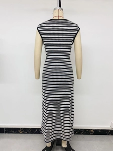 Detailed back view of a slim fit sleeveless striped maxi dress with knit texture