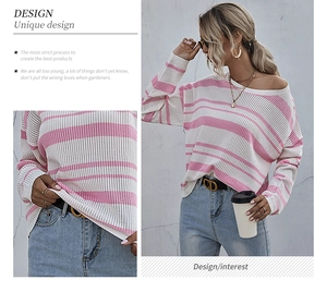 Detail of pink and white striped knit sweater showing breathable mesh texture and loose fit