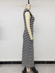 Detail view of knitted stripe pattern on sleeveless bodycon maxi dress in black and white
