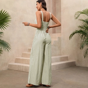 Vertical striped backless jumpsuit with wide-leg cut and elastic smocking for vacation