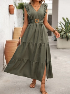 Detailed view of olive green V-neck dress with ruffle straps and side split hemline