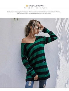 Detail showing distressed green and black striped knit sweater with ripped texture and V-neck