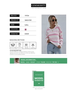 Detailed size guide for the pink striped knitted sweater showing S, M, L dimensions