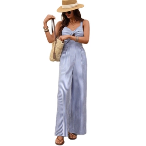 Blue and white vertical striped jumpsuit with V-neck and hollow out details for summer