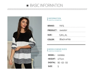Tabella taglie dettagliata per maglione a righe bianche e nere con parametri della modella