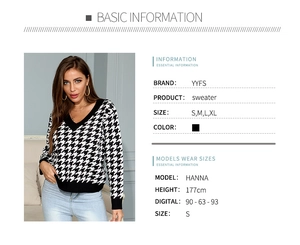 Detailed view of women's V-neck sweater with classic black and white houndstooth pattern