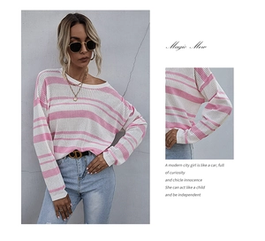 Detail shot of pink and white striped knit sweater with drop shoulder and ribbed cuffs