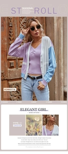 Detail of color-block knit cardigan showing V-neckline and ribbed cuffs in soft pastel tones