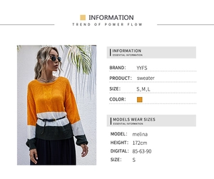 Guide des tailles pour pull en maille rayé avec dimensions S, M, L et infos mannequin
