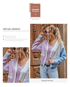 Detail of color-block knit cardigan with V-neckline and elegant contrast patch pockets