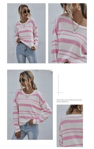 Detail view of pink and white striped knit sweater with drop shoulder and breathable texture