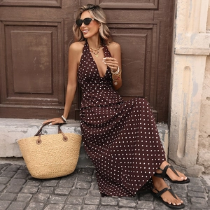 Deep brown polka dot halter maxi dress with deep V-neck for summer resort fashion
