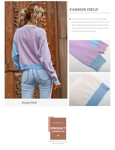 Detail of color-block knit cardigan showing ribbed cuffs and lavender contrast stitching