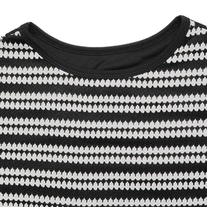 Close-up of crew neckline and striped knit texture on a black and white sleeveless dress