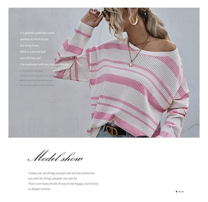 Detail of pink and white striped off-shoulder knitted sweater with texture and relaxed fit