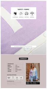Detail view of contrast knit cardigan featuring moisture-wicking fabric and size guide