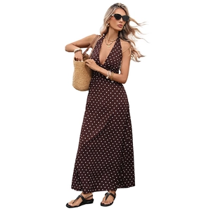 Deep V-neck halter maxi dress in brown polka dot for a stylish summer beach vacation